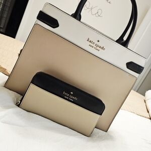 Kate Spade Colorblock Satchel Leather Cream Black Top Handle Bag With Wallet